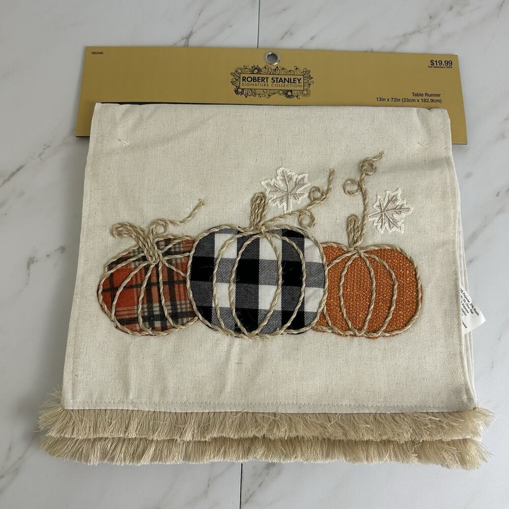 Robert Stanley Fall Pumpkin‎ Embroidered Table Runner 13"x72" Beige Thanksgiving